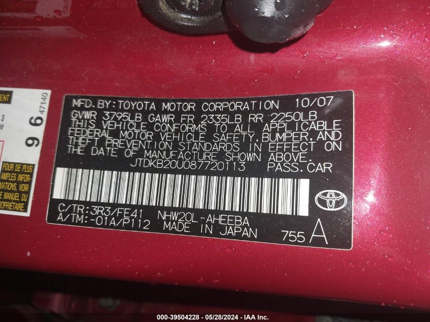 2008 Toyota Prius Touring VIN: JTDKB20U087720113 Lot: 39504228