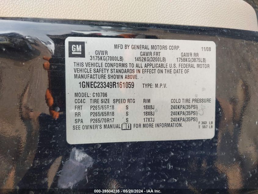 2009 Chevrolet Tahoe Lt2 VIN: 1GNEC23349R161059 Lot: 39504235
