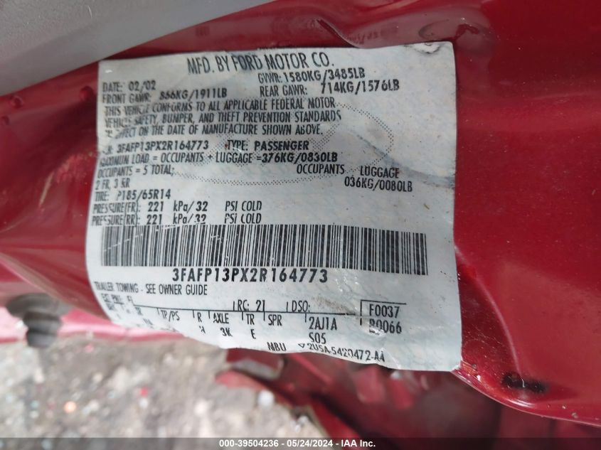 2002 Ford Escort Fleet VIN: 3FAFP13PX2R164773 Lot: 39504236