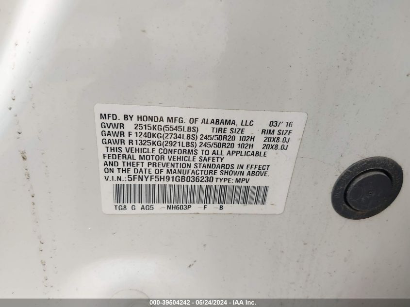 2016 Honda Pilot Touring VIN: 5FNYF5H91GB036230 Lot: 39504242
