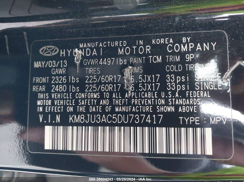 2013 Hyundai Tucson Gls VIN: KM8JU3AC5DU737417 Lot: 39504243