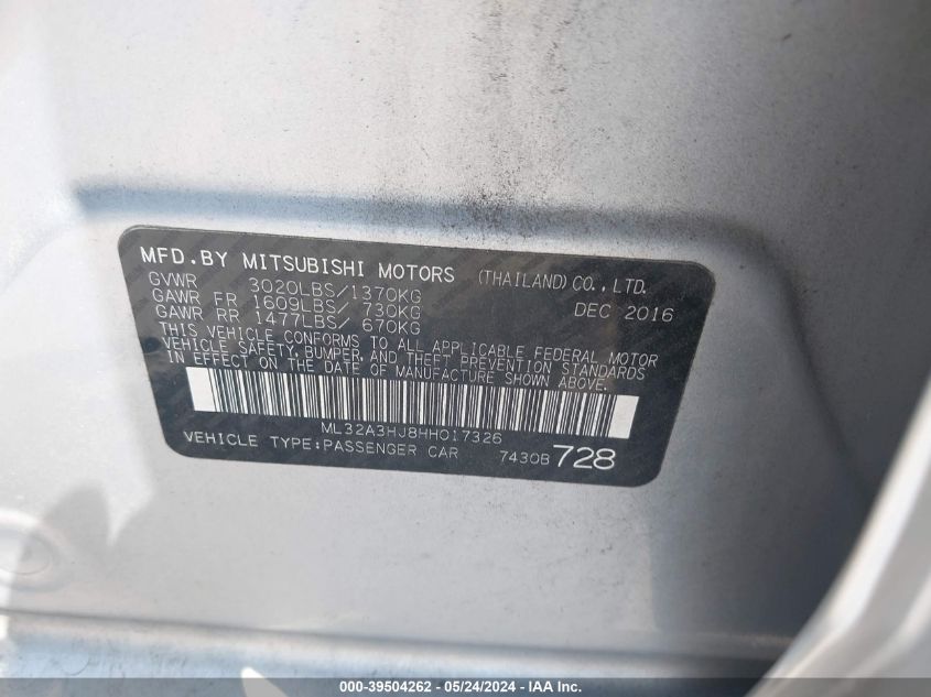 2017 Mitsubishi Mirage Es VIN: ML32A3HJ8HH017326 Lot: 39504262