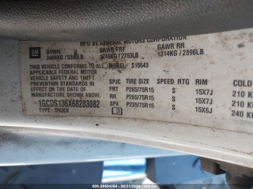 2006 Chevrolet Colorado Lt VIN: 1GCDS136X68283082 Lot: 39504264