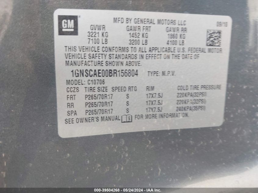 2011 Chevrolet Tahoe C1500 Ls VIN: 1GNSCAE00BR156804 Lot: 39504268