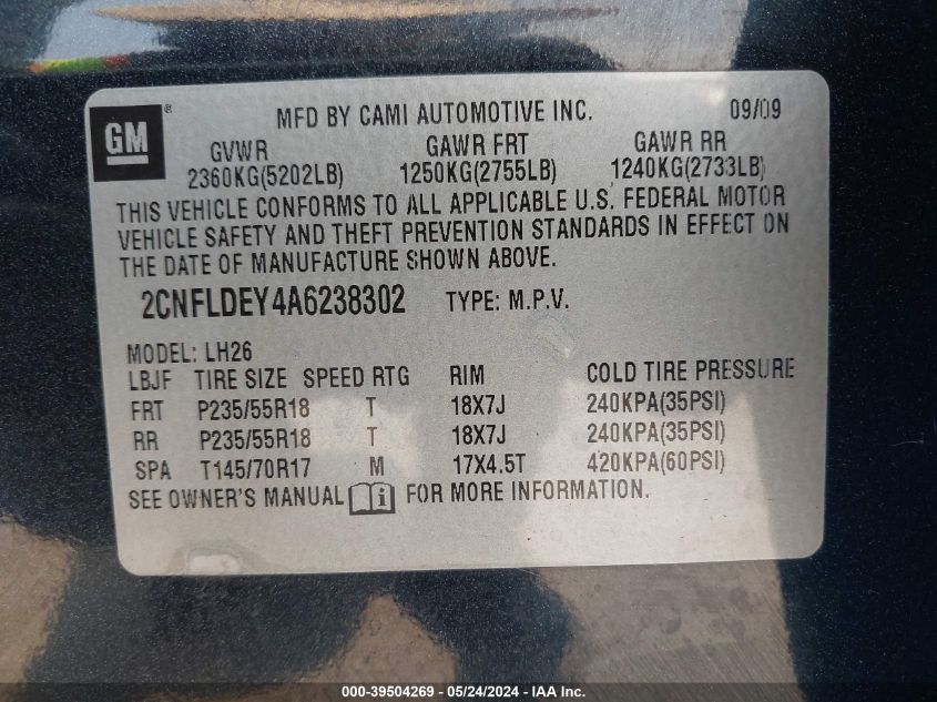 2010 Chevrolet Equinox Lt VIN: 2CNFLDEY4A6238302 Lot: 39504269