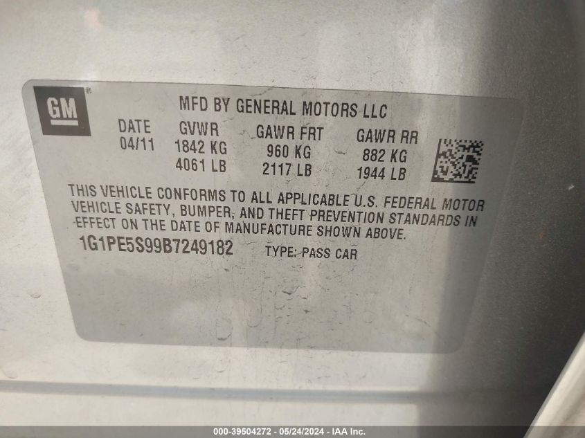 2011 Chevrolet Cruze Lt VIN: 1G1PE5S99B7249182 Lot: 39504272