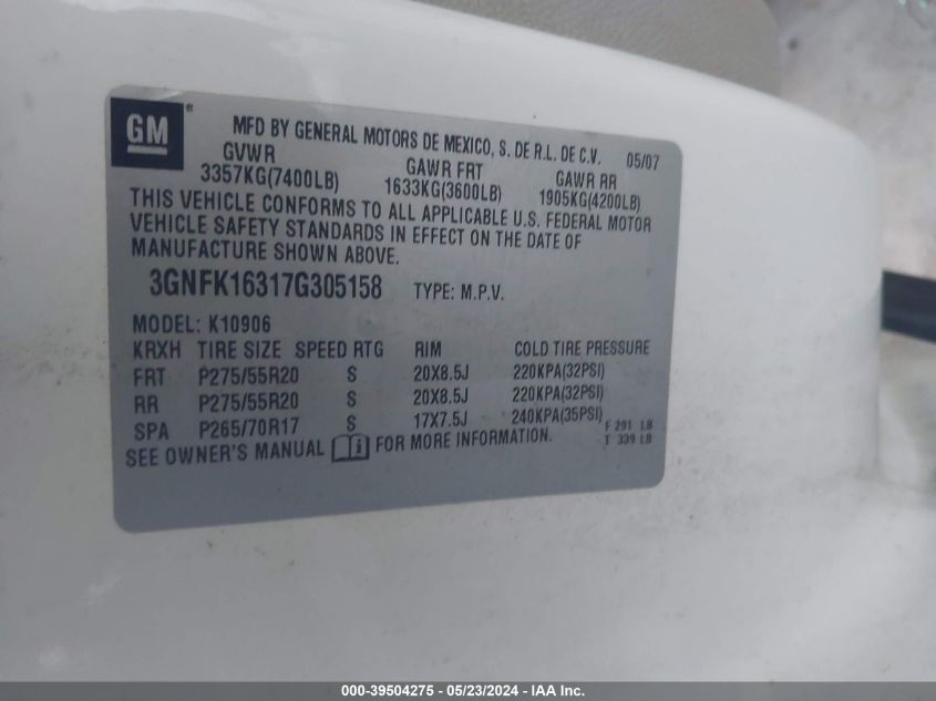 2007 Chevrolet Suburban 1500 Ltz VIN: 3GNFK16317G305158 Lot: 39504275