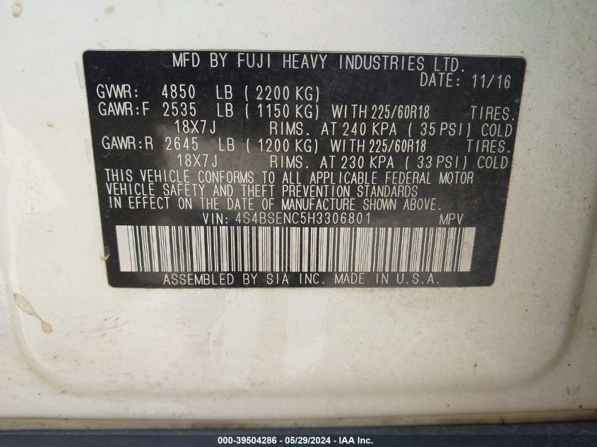 2017 Subaru Outback 3.6R Limited VIN: 4S4BSENC5H3306801 Lot: 39504286