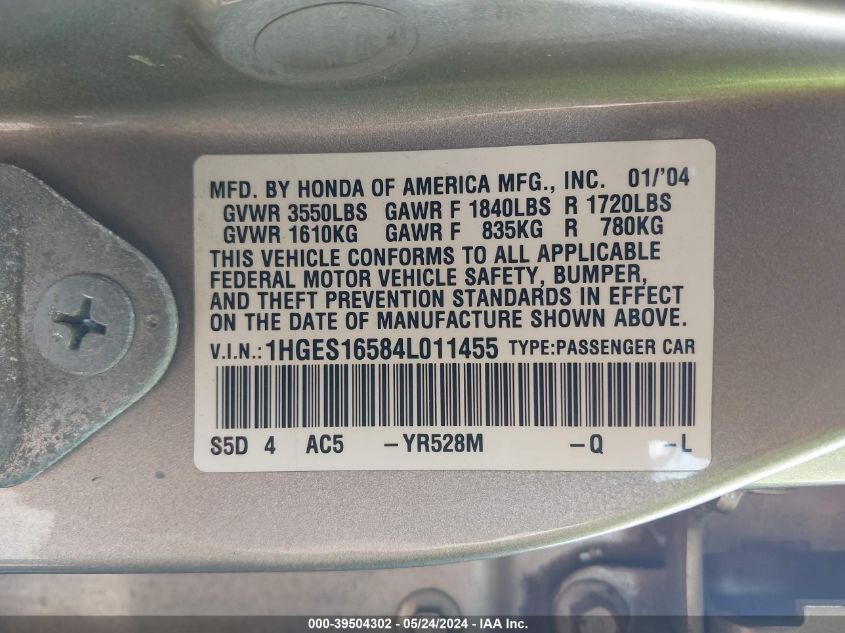 2004 Honda Civic Lx VIN: 1HGES16584L011455 Lot: 39504302