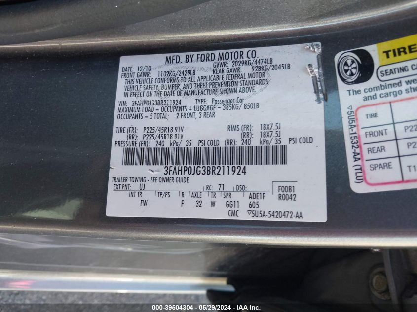 2011 Ford Fusion Sel VIN: 3FAHP0JG3BR211924 Lot: 39504304