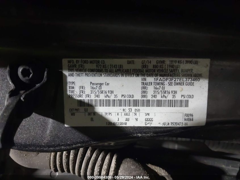 2014 Ford Focus Se VIN: 1FADP3F27EL373460 Lot: 39504305