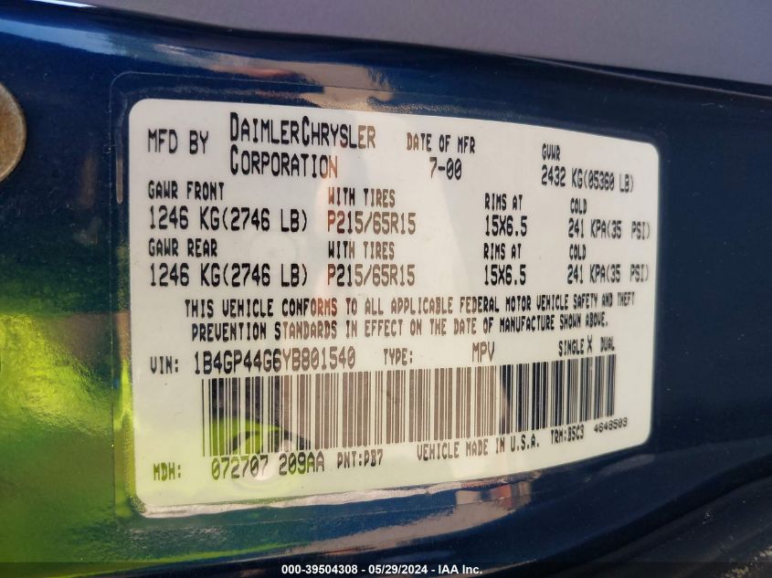 2000 Dodge Grand Caravan Se VIN: 1B4GP44G6YB801540 Lot: 39504308