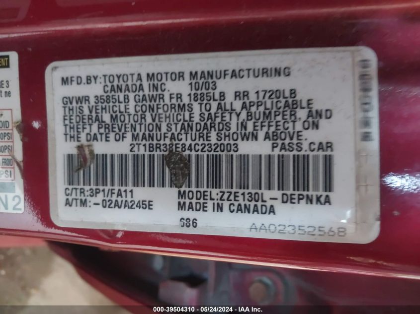 2004 Toyota Corolla Le VIN: 2T1BR38E84C232003 Lot: 39504310