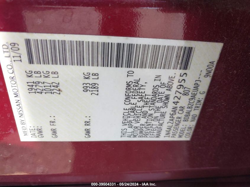 2010 Nissan Altima 2.5 S VIN: 1N4AL2AP6AN427955 Lot: 39504331