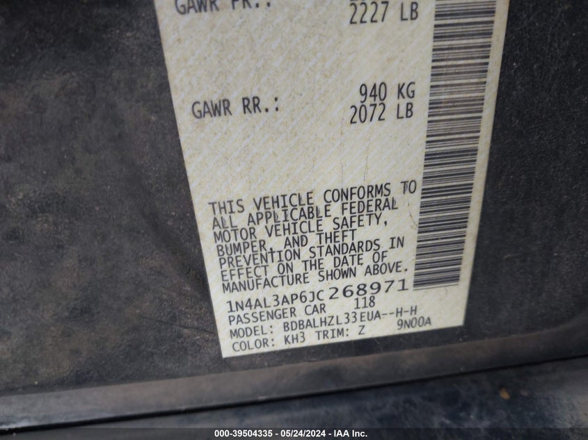 2018 Nissan Altima 2.5 Sr VIN: 1N4AL3AP6JC268971 Lot: 39504335