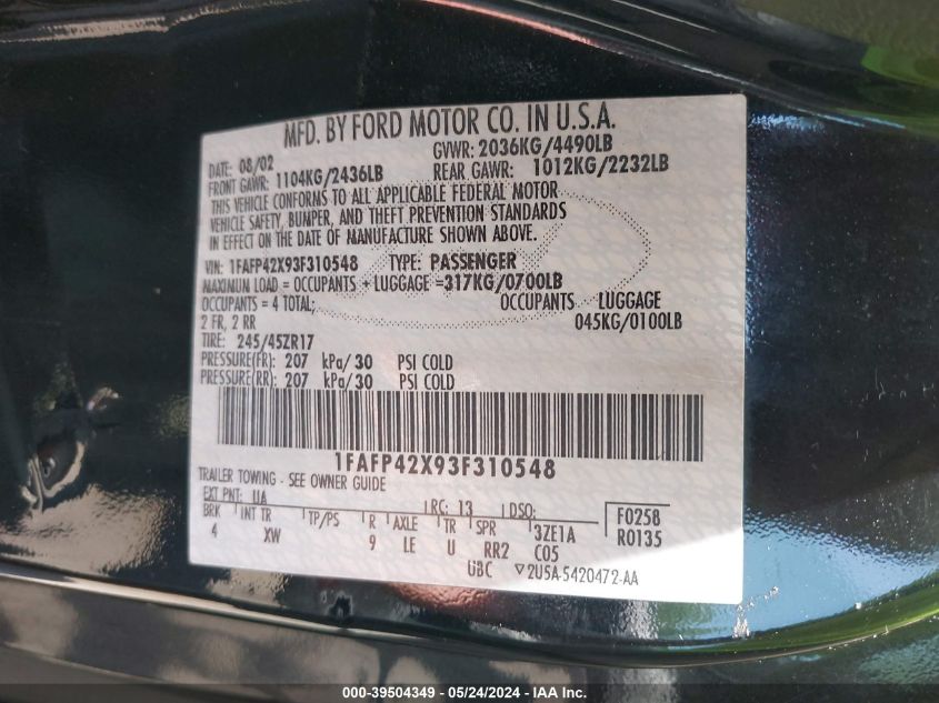 2003 Ford Mustang Gt VIN: 1FAFP42X93F310548 Lot: 39504349