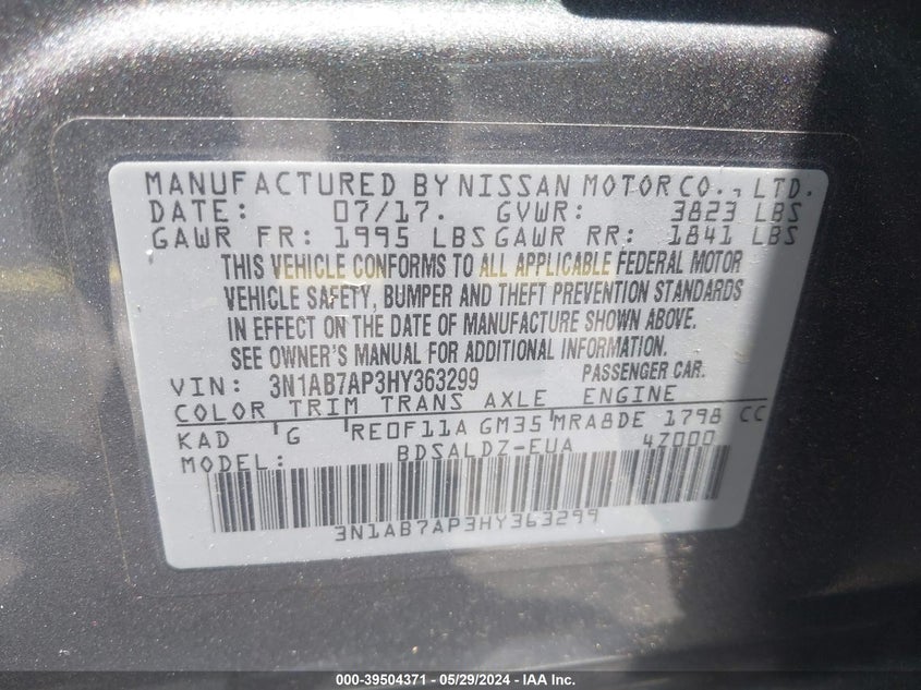 2017 Nissan Sentra Sv VIN: 3N1AB7AP3HY363299 Lot: 39504371