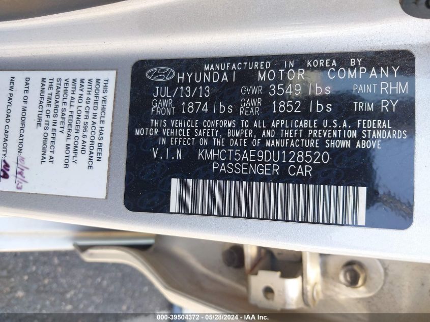2013 Hyundai Accent Gs VIN: KMHCT5AE9DU128520 Lot: 39504372