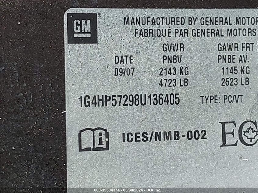 2008 Buick Lucerne Cx VIN: 1G4HP57298U136405 Lot: 39504374