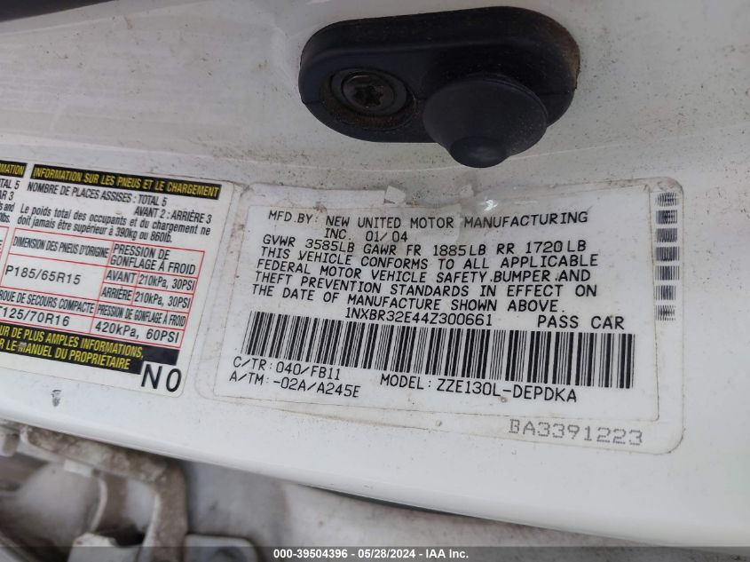 2004 Toyota Corolla Ce VIN: 1NXBR32E44Z300661 Lot: 39504396