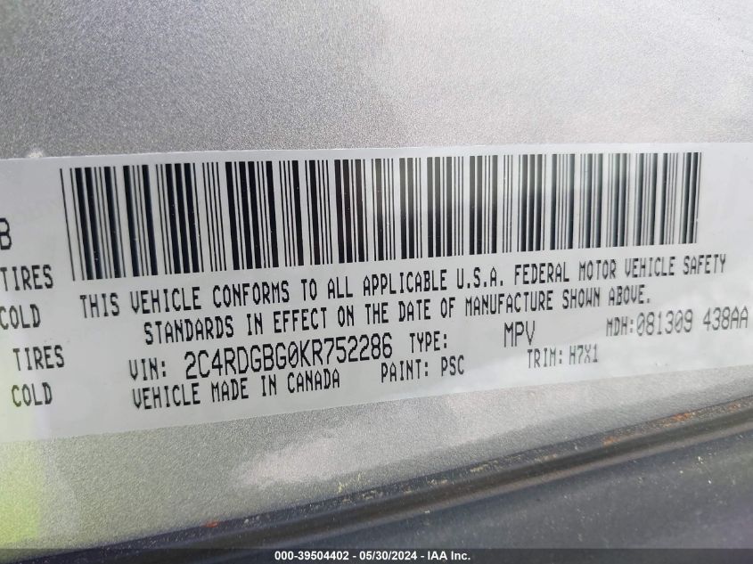 2019 Dodge Grand Caravan Se VIN: 2C4RDGBG0KR752286 Lot: 39504402