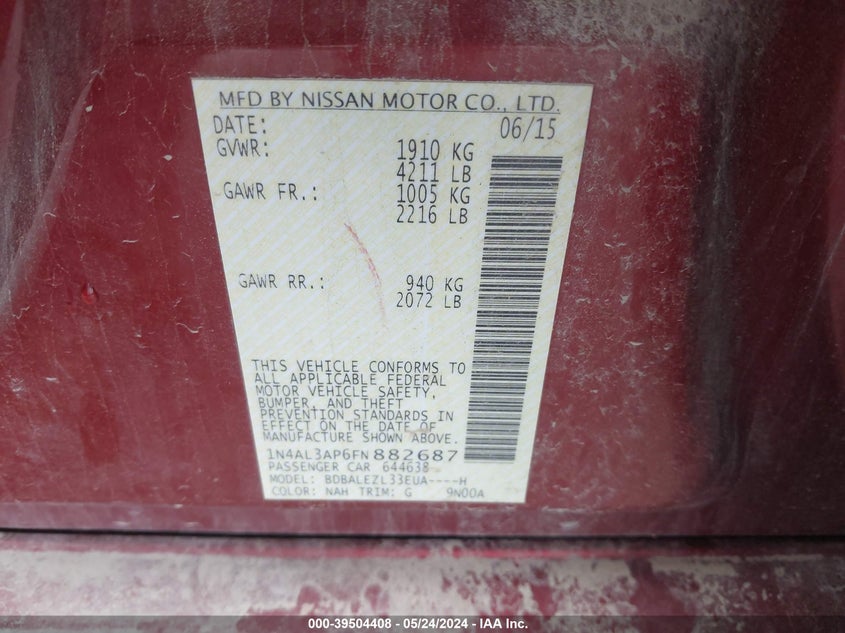 2015 Nissan Altima 2.5 S VIN: 1N4AL3AP6FN882687 Lot: 39504408