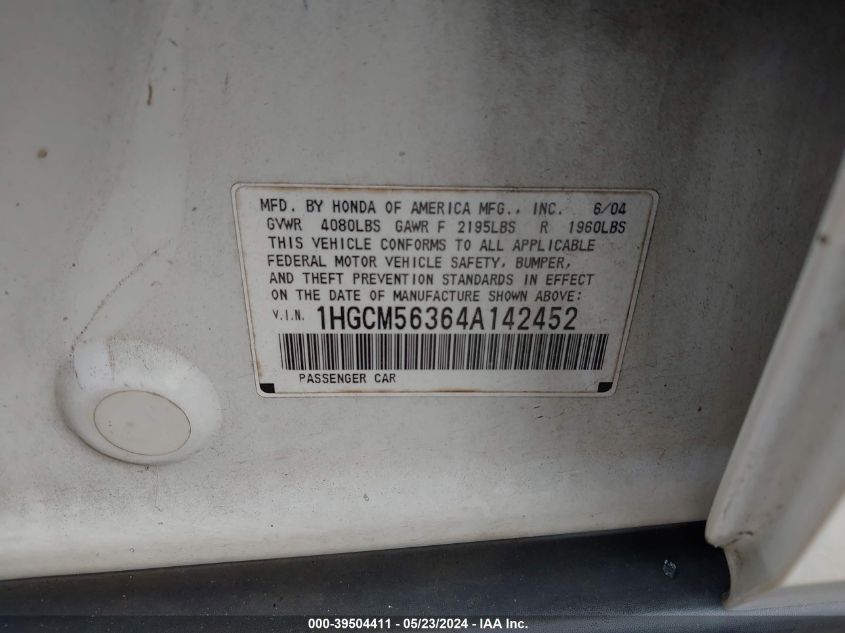 2004 Honda Accord 2.4 Lx VIN: 1HGCM56364A142452 Lot: 39504411