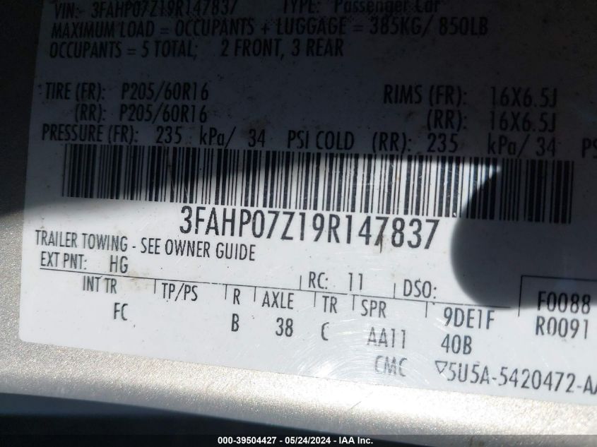 2009 Ford Fusion Se VIN: 3FAHP07Z19R147837 Lot: 39504427