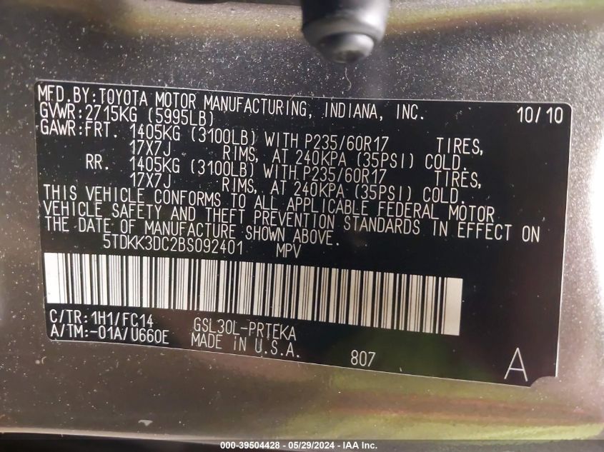 2011 Toyota Sienna Le V6 VIN: 5TDKK3DC2BS092401 Lot: 39504428