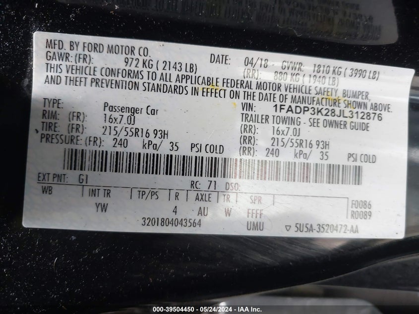 VIN 1FADP3K28JL312876 2018 FORD FOCUS SE
