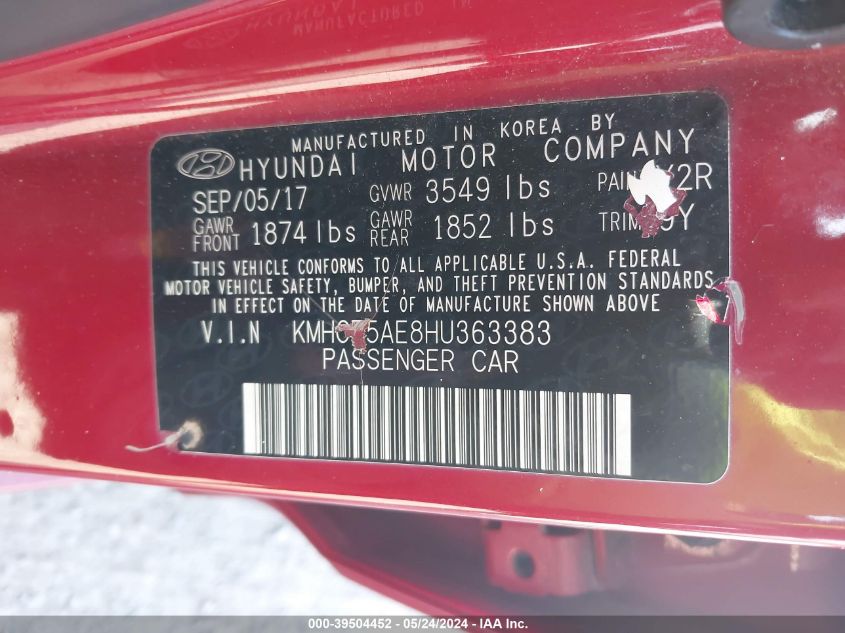 2017 Hyundai Accent Se VIN: KMHCT5AE8HU363383 Lot: 39504452