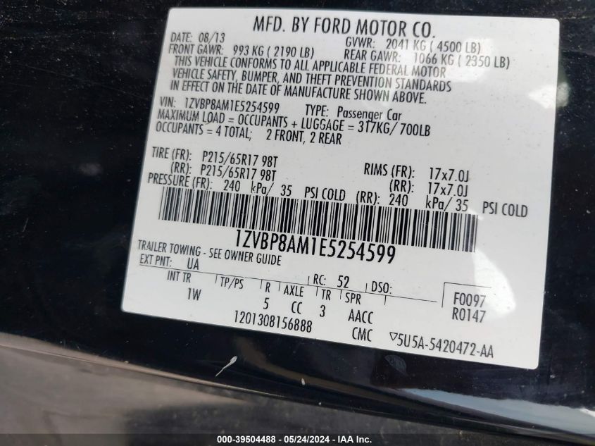 2014 Ford Mustang V6 VIN: 1ZVBP8AM1E5254599 Lot: 39504488