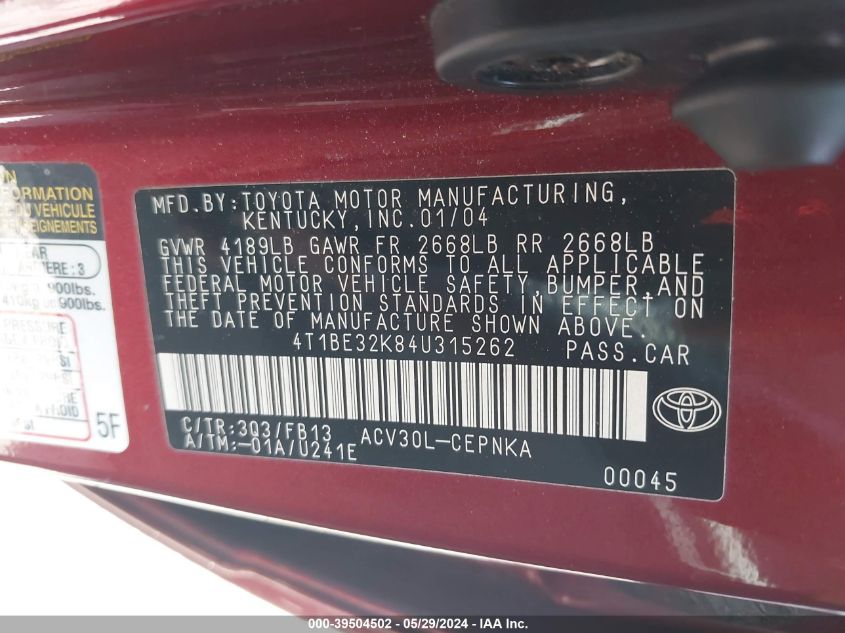 2004 Toyota Camry Le VIN: 4T1BE32K84U315262 Lot: 39504502