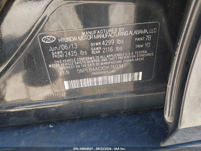 2013 Hyundai Sonata Gls VIN: 5NPEB4ACXDH760347 Lot: 39504507