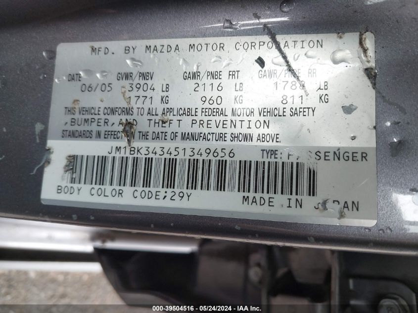 2005 Mazda Mazda3 S VIN: JM1BK343451349656 Lot: 39504516