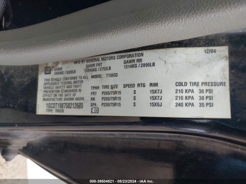 2005 Chevrolet Colorado VIN: 1GCDT198758212605 Lot: 39504521