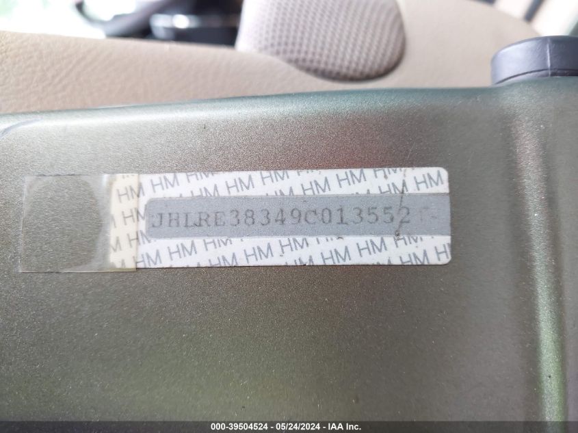 2009 Honda Cr-V Lx VIN: JHLRE38349C013552 Lot: 39504524