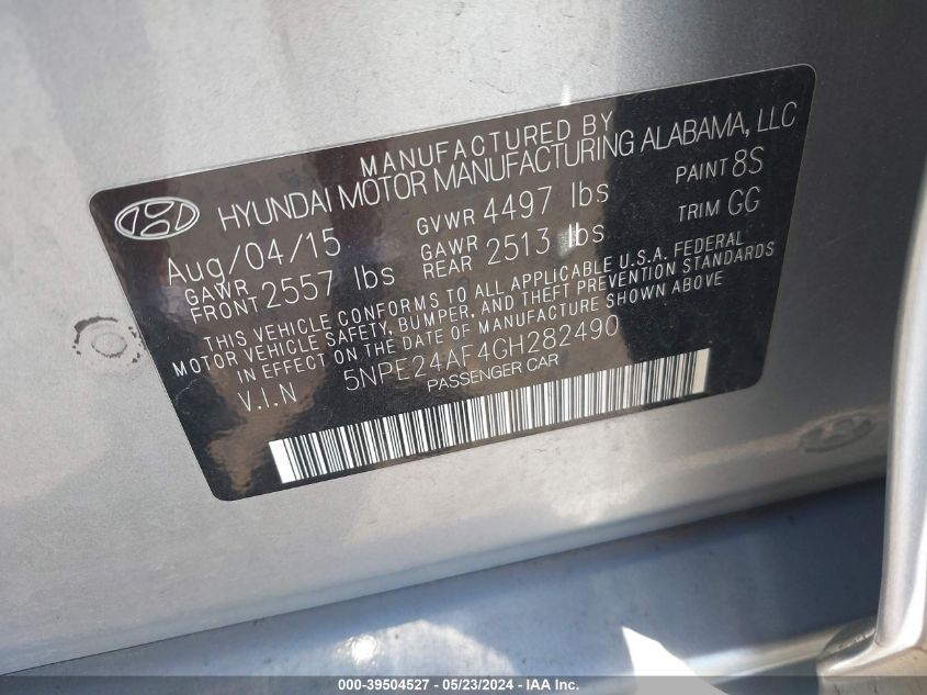 2016 Hyundai Sonata Se VIN: 5NPE24AF4GH282490 Lot: 39504527