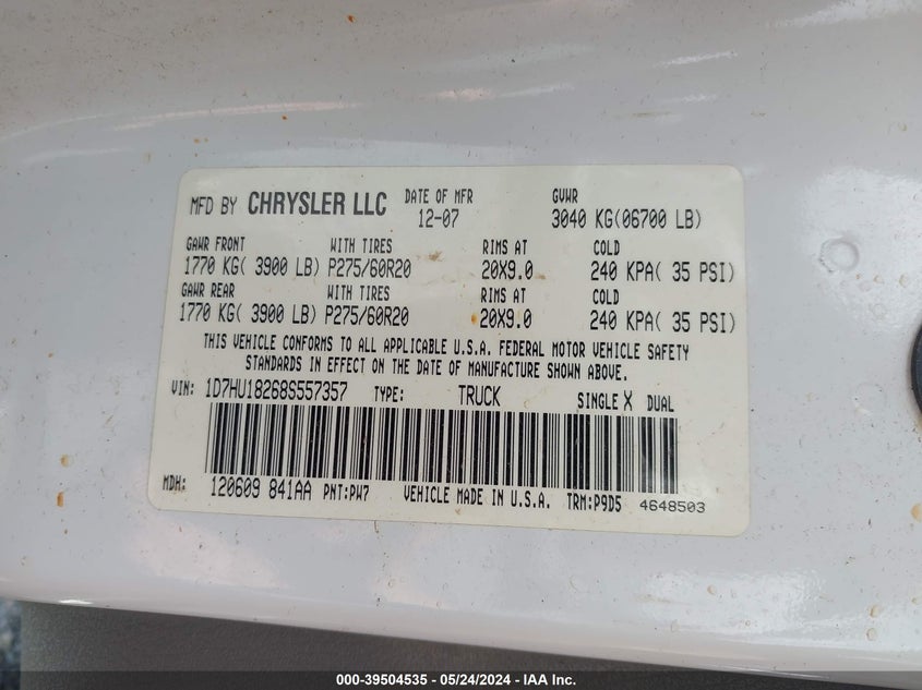 2008 Dodge Ram 1500 Slt VIN: 1D7HU18268S557357 Lot: 39504535