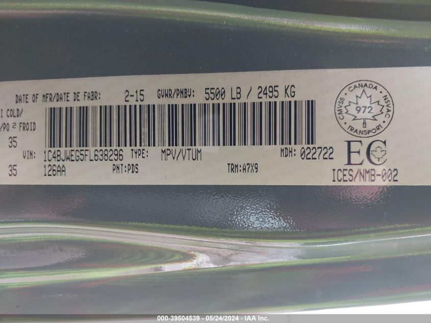 2015 Jeep Wrangler Unlimited Sahara VIN: 1C4BJWEG5FL638296 Lot: 39504539