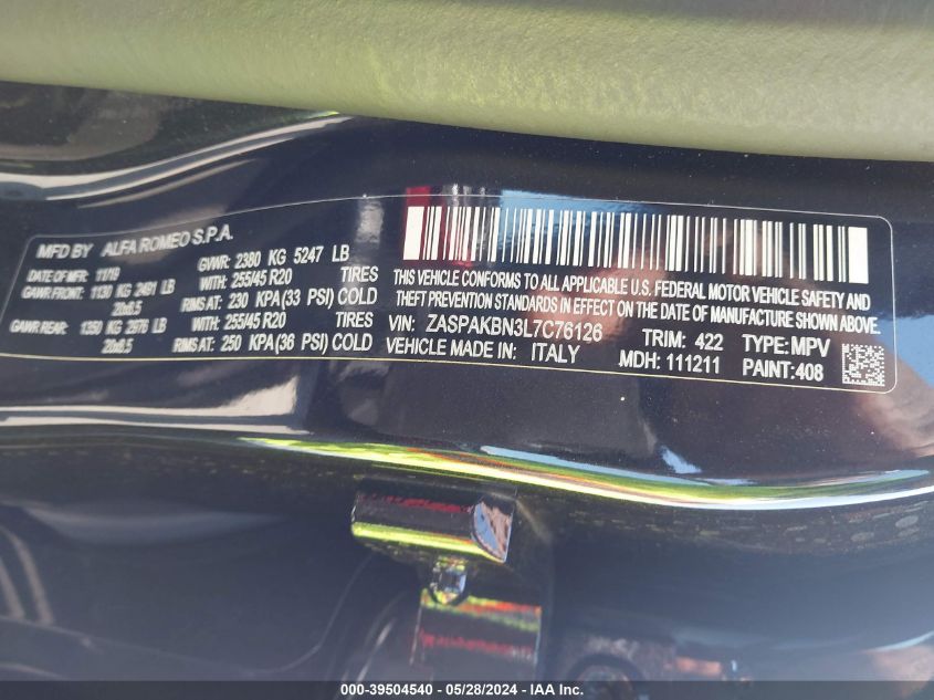 2020 Alfa Romeo Stelvio Ti Sport Awd VIN: ZASPAKBN3L7C76126 Lot: 39504540