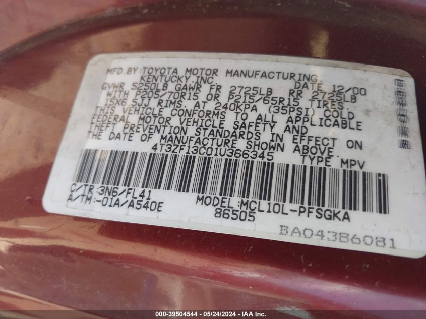 2001 Toyota Sienna Xle VIN: 4T3ZF13C01U366345 Lot: 39504544