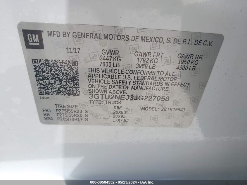 2018 GMC Sierra 1500 Slt VIN: 3GTU2NEJ3JG227058 Lot: 39504552