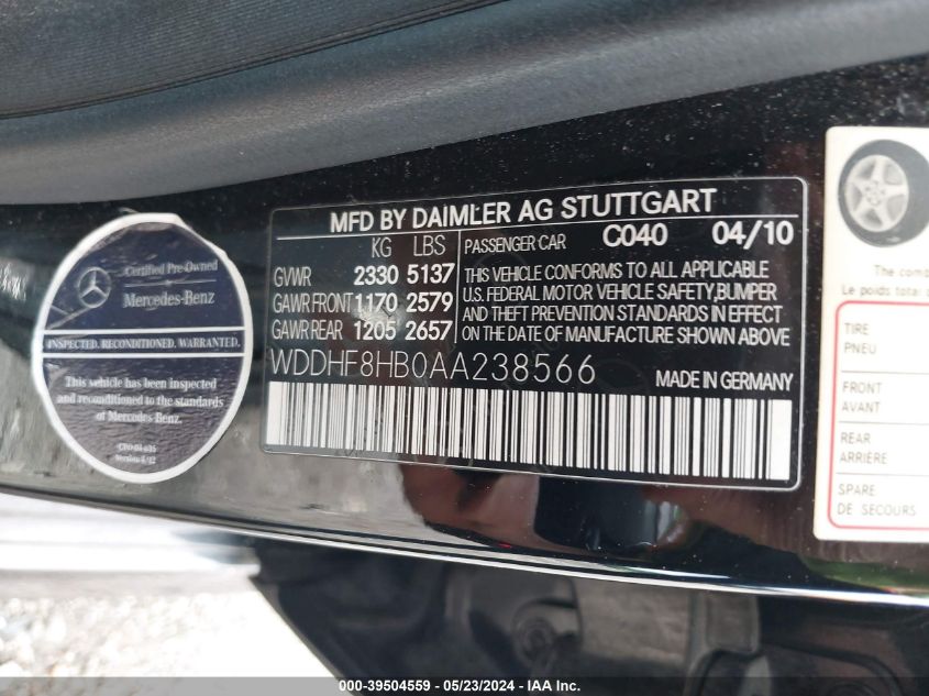 WDDHF8HB0AA238566 | 2010 MERCEDES-BENZ E 350