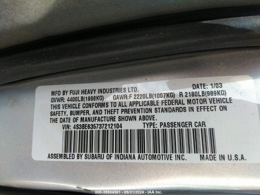 2003 Subaru Legacy L/L W/Special Edition Package VIN: 4S3BE635737212104 Lot: 39504561