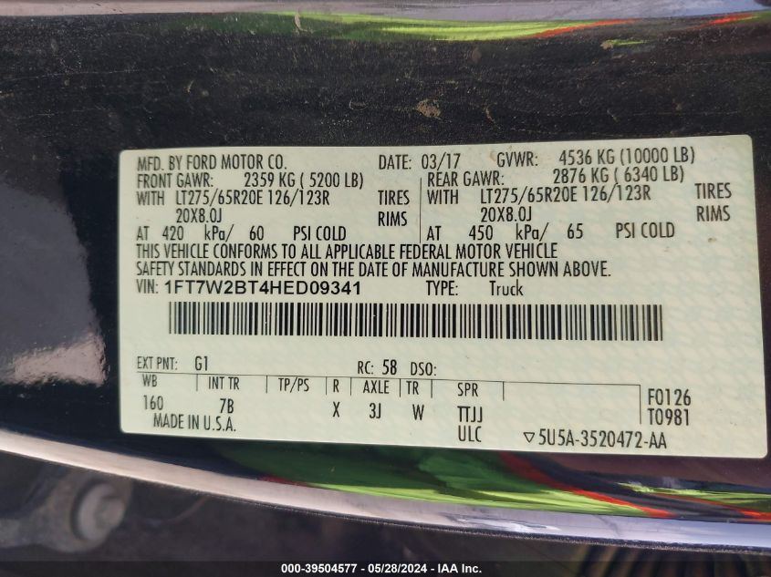2017 Ford F-250 Platinum VIN: 1FT7W2BT4HED09341 Lot: 39504577