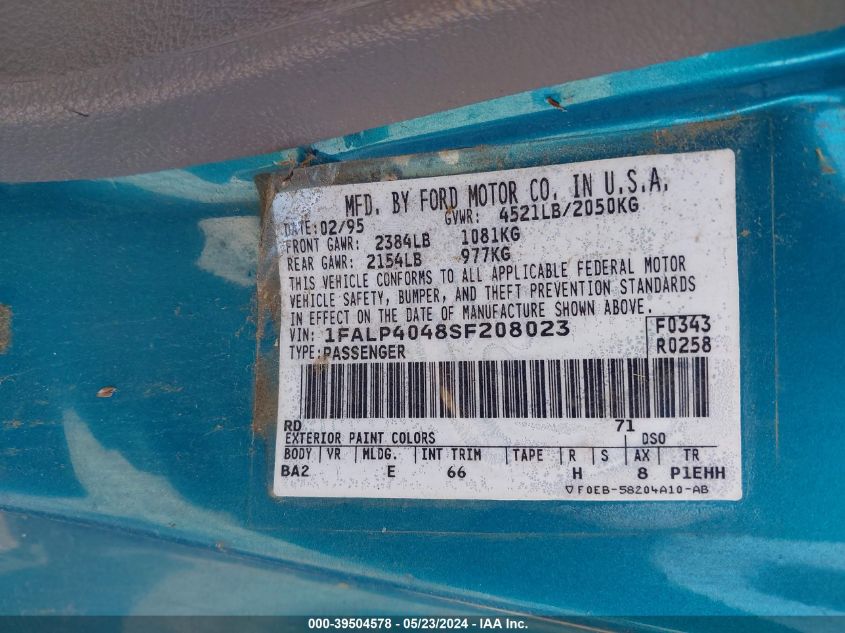 1995 Ford Mustang VIN: 1FALP4048SF208023 Lot: 39504578
