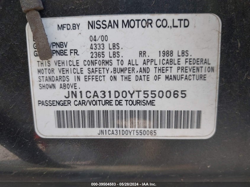 2000 Nissan Maxima Gle/Gxe/Se VIN: JN1CA31D0YT550065 Lot: 39504583
