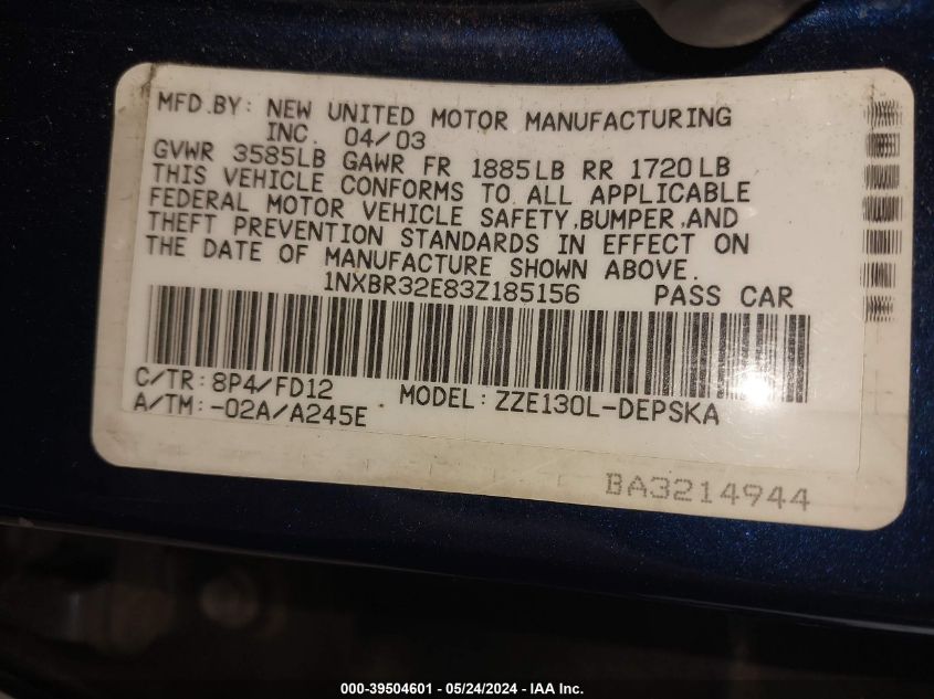 2003 Toyota Corolla S VIN: 1NXBR32E83Z185156 Lot: 39504601