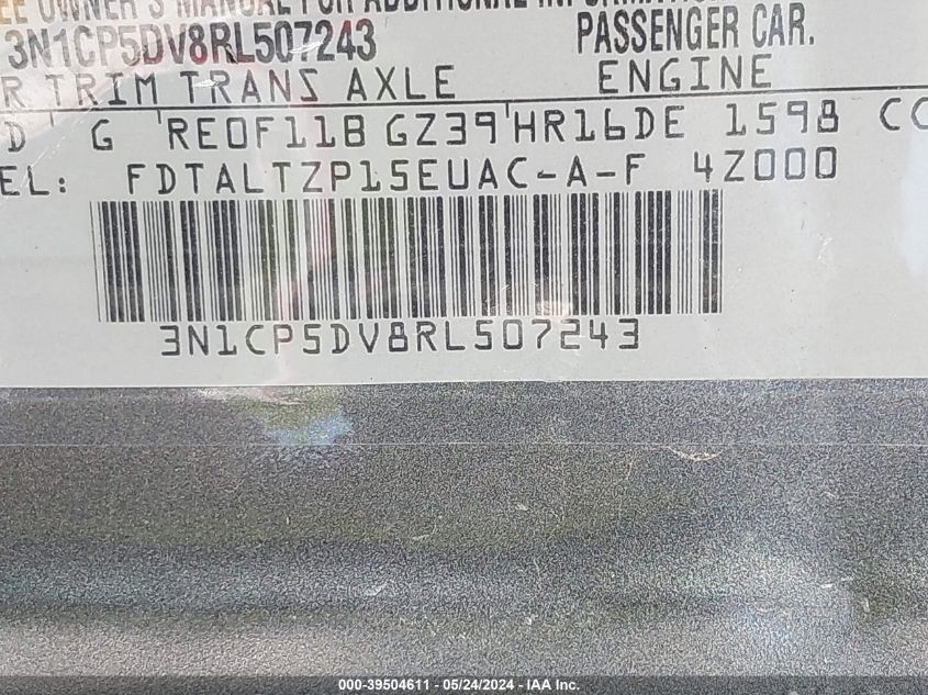 2024 Nissan Kicks Sr Xtronic Cvt VIN: 3N1CP5DV8RL507243 Lot: 39504611